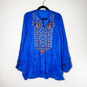 Johnny Was Royal Blue Floral Embroidered Tunic Long  Sleeve Flowy Blouse